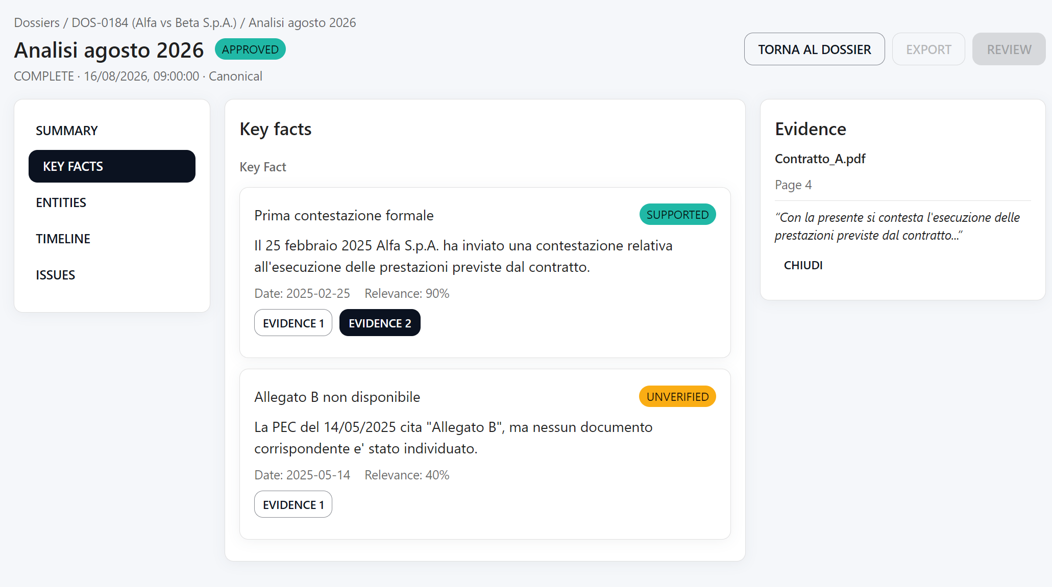 Screenshot tracciabilità evidenze D2D